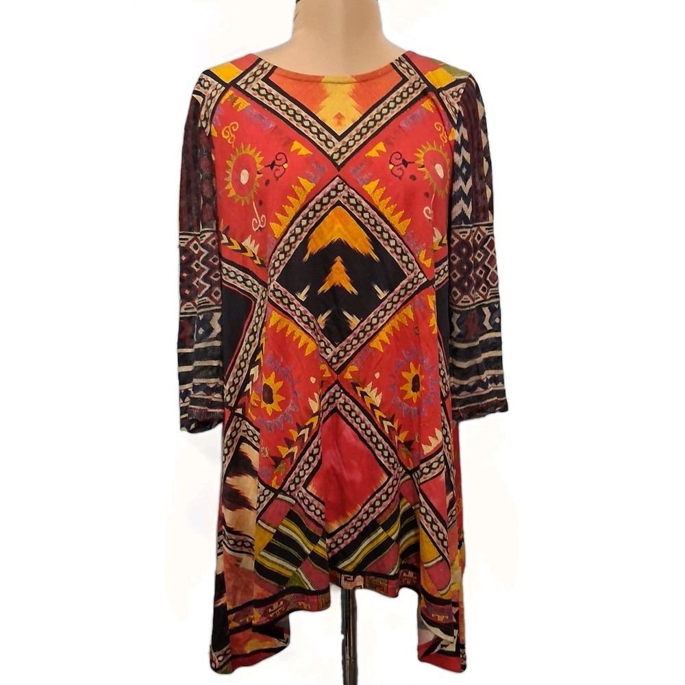 Desigual Womens Maximalist Multicolor Aztec Print Knit Sleeve Shark‎ Bite Blouse
